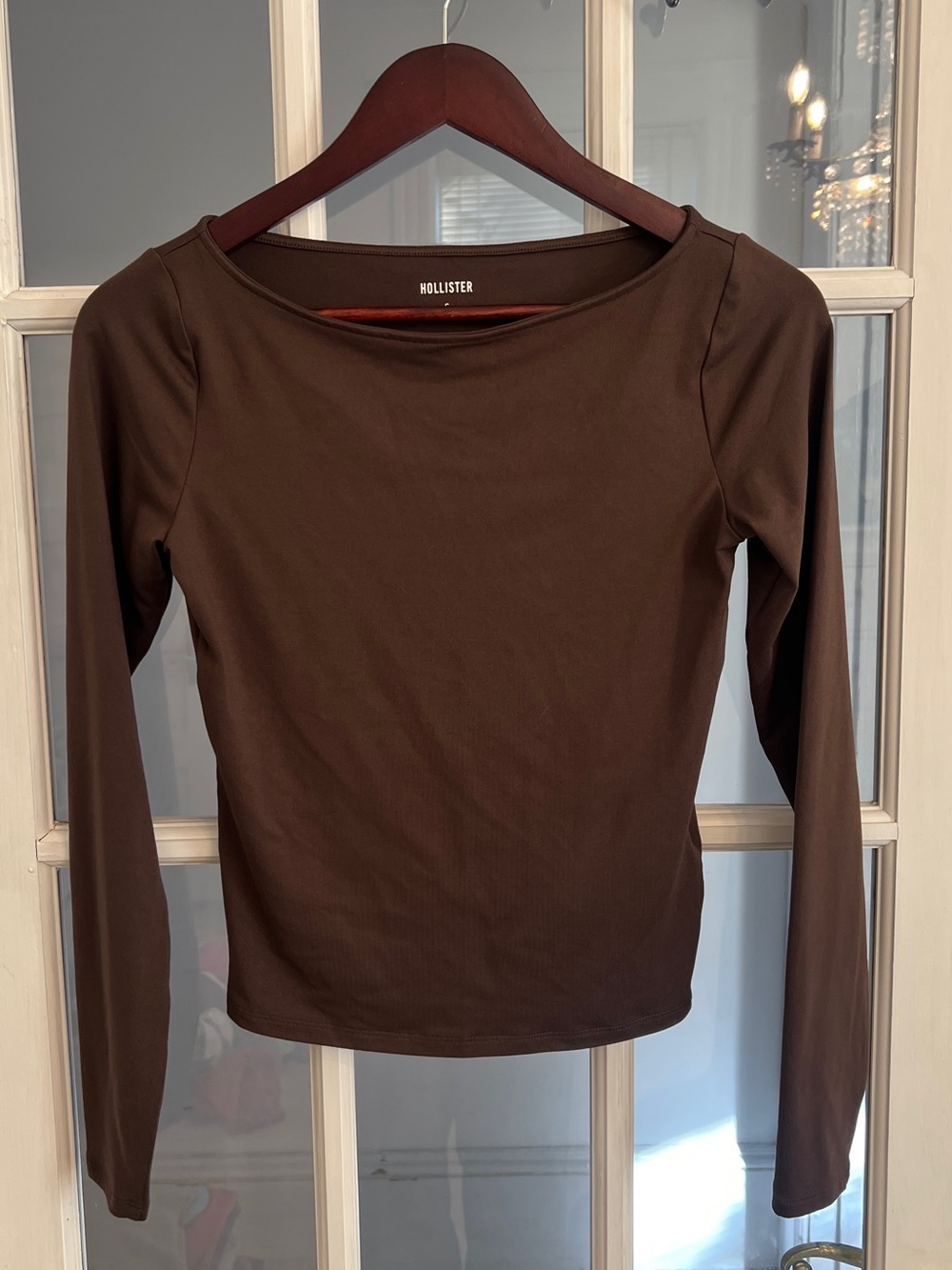 HOLLISTER Women’s Brown Soft Stretch Boat Neck Long Sleeve Fitted Top S